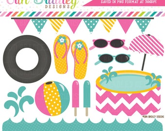 Girls Pool Party Clipart Graphics Pink Yellow & Blue Digital Clip Art Beach and Summer Graphics Instant Download