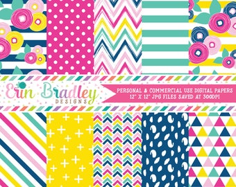 Summer Brights Digital Paper Pack with Floral Chevron Polka Dotted Striped Triangle & Cross Patterns Commercial Use OK