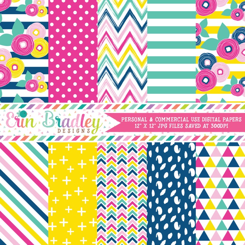 Summer Brights Digital Paper Pack with Floral Chevron Polka Dotted Striped Triangle & Cross Patterns Commercial Use OK image 1