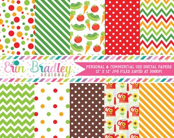 Garden Digital Paper Pack with Veggies Vegetables Polka Dots Chevron and Stripes Red Green Orange Brown Commercial Use Graphics