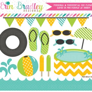 Pool Party Clipart Graphics Blue Yellow & Green Digital Clip Art Beach and Summer Graphics Instant Download