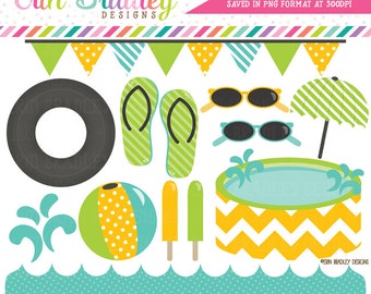 Pool Party clipart graphics blauw geel & groene digitale clip art strand en zomer graphics Instant Download