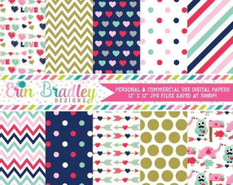 Valentines Day Digital Paper Set Pink Red Blue Gold Polka Dots Chevron Stripes Holiday Digital Paper Set