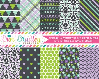 Digital Paper Pack Digital Scrapbook Paper in Purple Blue Green & Charcoal Polka Dots Doodles Flowers Triangle Patterns