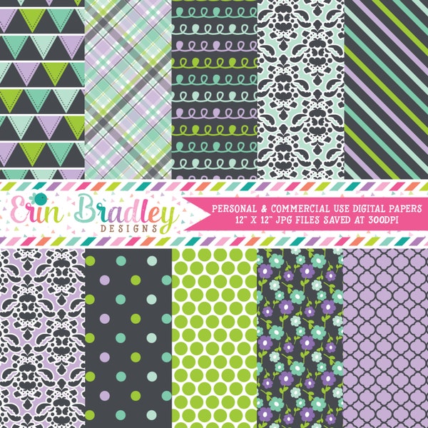 Digital Paper Pack Digital Scrapbook Paper in Purple Blue Green & Charcoal Polka Dots Doodles Flowers Triangle Patterns