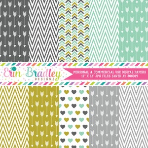 Arrows Digital Paper Pack Gold Aqua Charcoal Gray Chevron Stripes & Hearts Digital Scrapbook Papers Instant Download