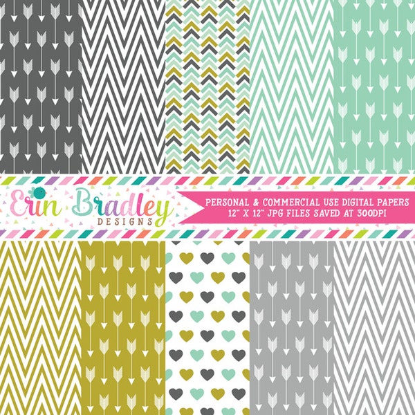 Arrows Digital Paper Pack: Gold, Aqua, Gray (Digital Download)