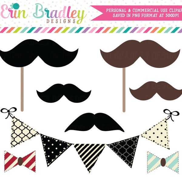 Mustache Bash Clipart Clip Art Personal and Commercial Use Bunting Banner Flags Bowties