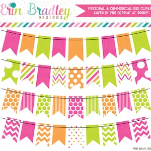 Colorful Bunting Banner Clipart: Pink, Green, Orange (PNG Digital Download)
