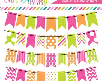 Hot Pink Green and Orange Bunting Banner Flag Clipart Clip Art Set Personal & Commercial Use