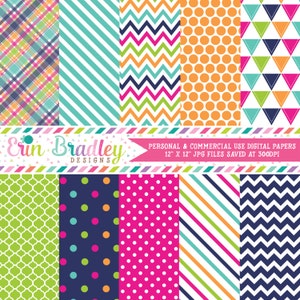 Summer Days Digital Scrapbook Paper Pack Pink Blue Green & Orange Digtial Background Patterns Personal and Commercial Use