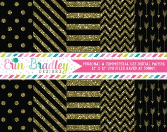 Digital Paper Pack Gold Glitter and Black Commercial Use Digital Scrapbook Papers Polka Dots Stripes Chevron and Arrows