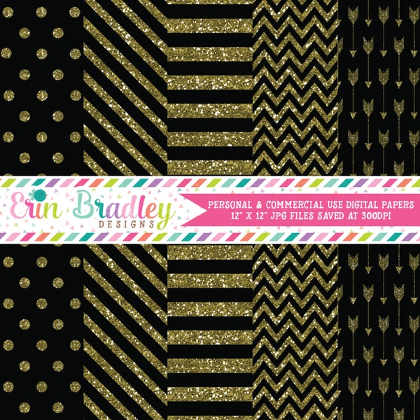 Digital Paper Pack Gold Glitter and Black Commercial Use Digital Scrapbook Papers Polka Dots Stripes Chevron and Arrows