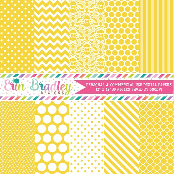 Yellow Digital Paper Pack Polka Dots Damask Chevron and Striped Background Patterns Digital Scrapbooking Il_570xn