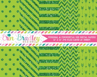 Green Glitter Digital Paper Pack Stripes Polka Dots Arrows and Chevron Glitter Digital Scrapbook Paper