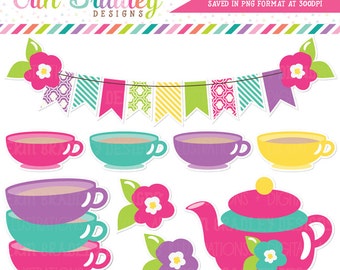 Tea Party Girls Clipart Graphics Digital Clip Art Bunting Teapot Teacups and Flowers in Pink Teal Blue Yellow & Purple