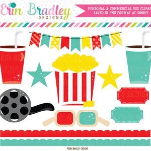 Movie Theater Clipart: Popcorn, Drinks, Stars, Bunting (Digital Download)