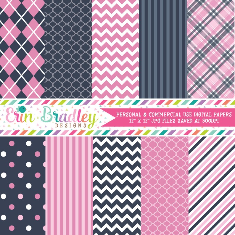 Digital Papers Personal and Commercial Use Pink and Blue Patterned Backgrounds Instant Download image 1