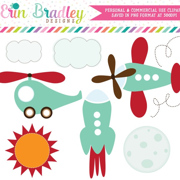 Transportation Clipart Clip Art Personal & Commercial Use Helicopter Airplane Rocketship in Turquoise and Red