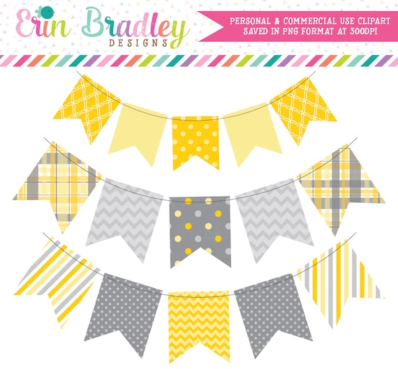 Yellow & Gray Bunting Clip Art Banner Flags Clipart Commercial Use by