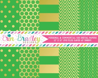 Digital Paper Pack Gold Foil & Green Commercial Use Digital Scrapbook Papers Polka Dots Stripes Herringbone and Chevron