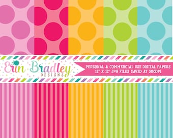 Digital Scrapbook Paper Personal and Commercial Use Colorful Polka Dots and Stripes