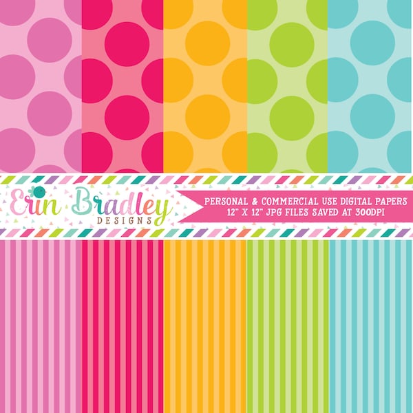 Digital Scrapbook Paper Personal and Commercial Use Colorful Polka Dots and Stripes