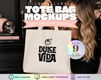 Halloween Tote Bag Mockups, Canva Mockup Bundle, Glam Halloween Totes, Drag & Drop
