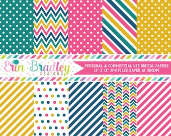Pink Blue and Yellow Polka Dots Stripes & Chevron Digital Paper Pack Commercial Use Instant Download