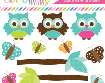 Owl Clipart Clip Art Personal & Commercial Use with Blue Green Brown Butterflies and Branches