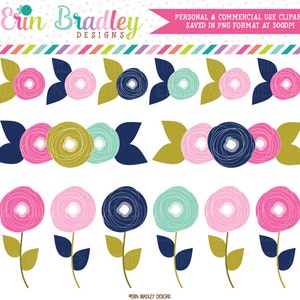 Instant Download Clipart Flower Doodles Pink and Blue Floral Clip Art Graphics Personal & Commercial Use