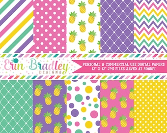 Pineapples Digital Scrapbook Paper Pack with Diamonds Pineapples Polka Dots and Chevron Patterns with Gold Foil Effect