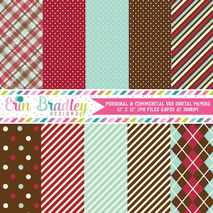 Digital Papers Digital Scrapbooking Personal and Commercial Use Red Blue and Brown