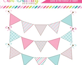 Digital Clipart Graphics Pink and Blue Bunting Flags Commercial Use Clip Art