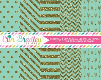 Digital Paper Pack Gold Glitter and Aqua Commercial Use Digital Scrapbook Papers Polka Dots Stripes Chevron and Arrows