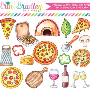 Clipart de aquarela de noite de pizza, clipart de festa de pizza, pedra de pizza, vinho, queijo, clipart de alimentos e bebidas, uso comercial Corjl OK