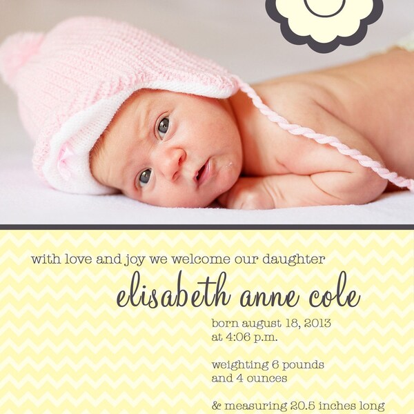 Photo Birth Announcement Card Photoshop Template for Personal or Commercial Use - Yellow Stripes DIY Design