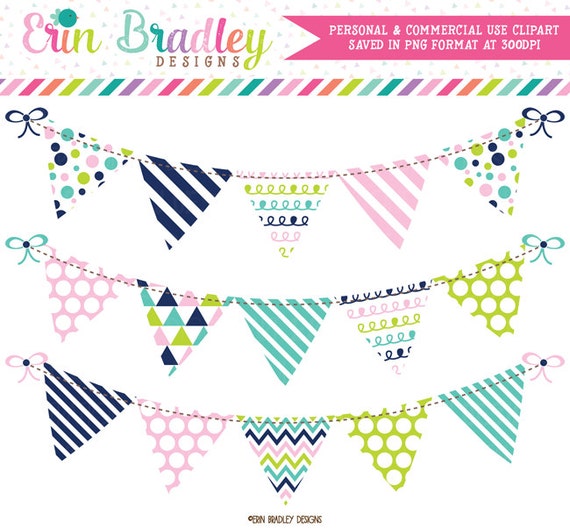 Clipart Bunting Flags In Navy Blue Pink Green Commercial Use