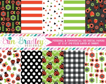 Ladybug Digital Paper Pack with Red Green & Black Floral and Striped Patterns