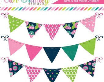 Floral Bloom Banner Flag Clipart Graphics in Pink Navy Blue and Green