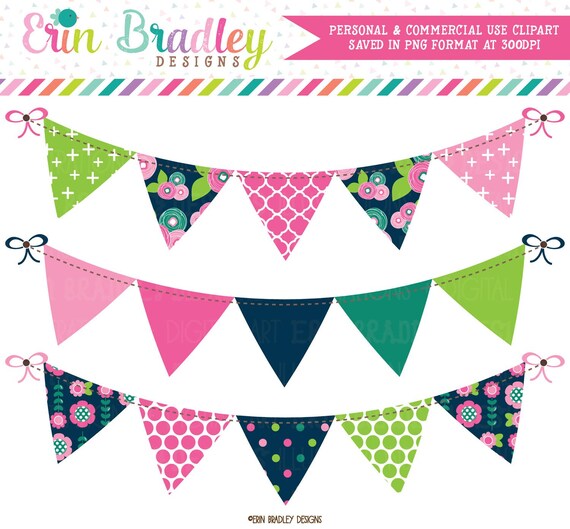 Floral Bloom Banner Flag Clipart Graphics In Pink Navy Blue Etsy