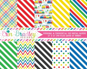 Trains Digital Paper Pack Instant Download Digital Scrapbook Papers in Red Yellow Green Blue with Chevron Stripes & Polka Dots
