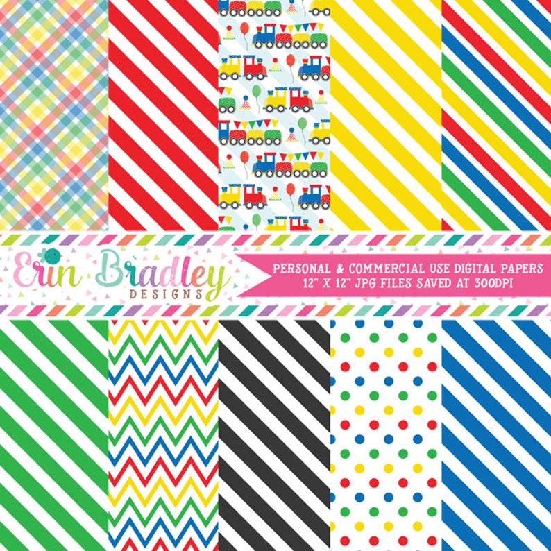 Trains Digital Paper Pack Instant Download Digital Scrapbook Papers in Red Yellow Green Blue with Chevron Stripes & Polka Dots image 1