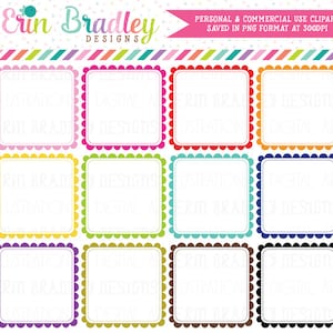 Scalloped Square Frames Clipart, Digital Clipart Label Graphics, Square Scallops Commercial Use Clip Art