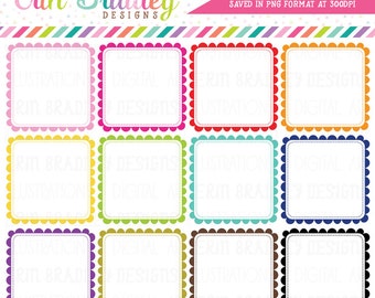 Scalloped Square Frames Clipart, Digital Clipart Label Graphics, Square Scallops Commercial Use Clip Art