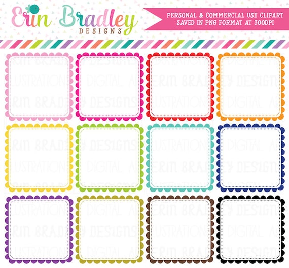 Scalloped Square Frames Clipart, Digital Clipart Label Graphics, Square Scallops Commercial Use Clip Art Il_570xn