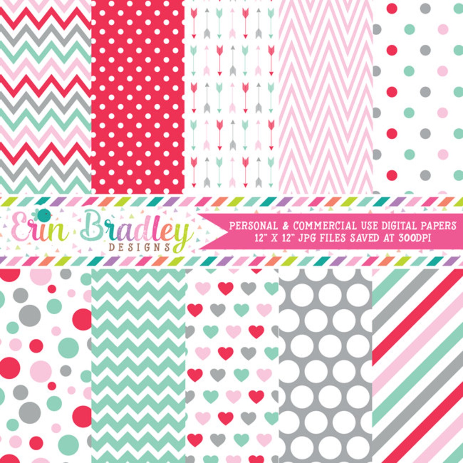 Valentines Day Digital Paper Set Pink Red Blue Gray Hearts - Etsy
