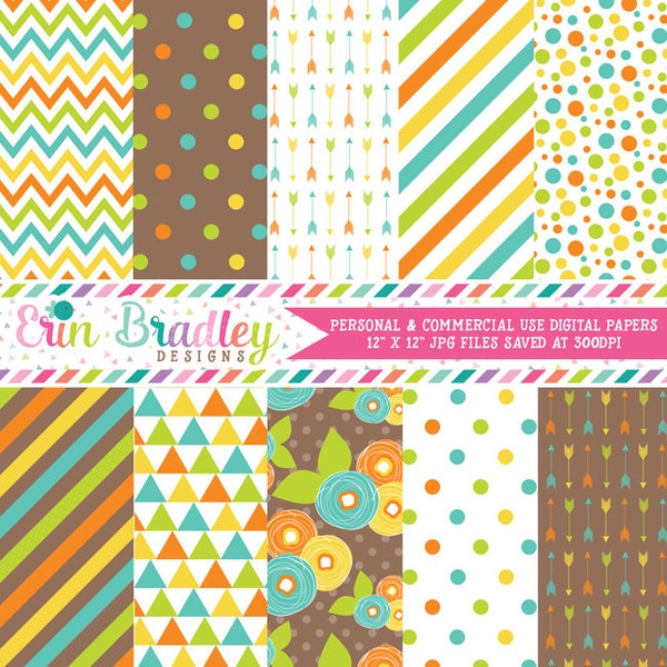 Yellow Blue Orange Green Brown Digital Papers Polka Dots Stripes Chevron Flowers Triangles Digital Scrapbook Paper