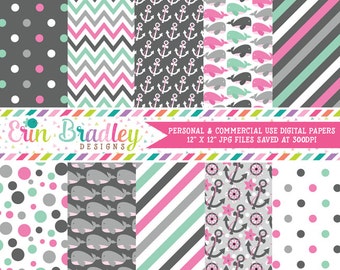 Nautical Girls Digital Papers Pack Anchors Whales Polka Dots Stripes Chevron Pink Aqua & Gray Printable Digital Scrapbook Paper