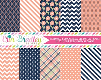 Peach and Navy Blue Digital Paper Set Commercial Use Instant Download